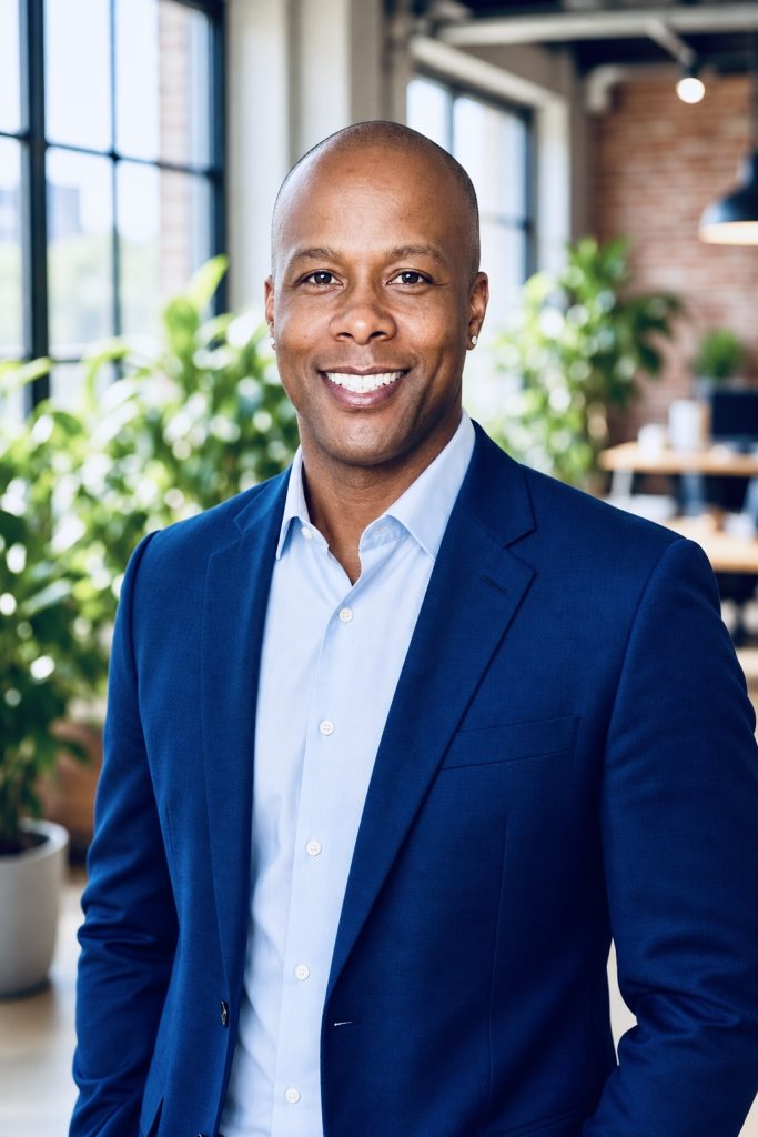 Founder Lawrence Terry wearing a navy blue blazer and light blue shirt in a bright office