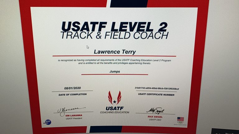 USATF Level 2 Track and Field Coach certificate for Lawrence Terry in Jumps, completed August 1, 2020.