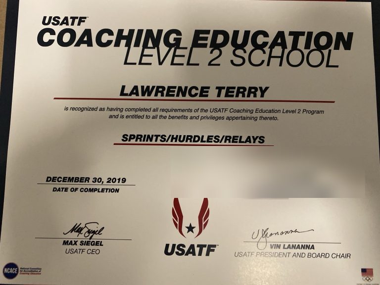 USATF Level 2 Track and Field Coach certificate for Lawrence Terry in Sprints, Hurdles, and Relays, completed December 30, 2019.